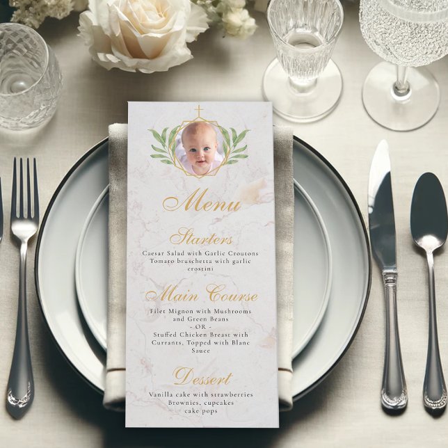 Taufe Foto Botanisches Goldmarmor Blätter Foliage Menükarte (Von Creator hochgeladen)