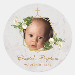 Taufe Foto Floral Calla Lilies Marble Gold Runder Aufkleber