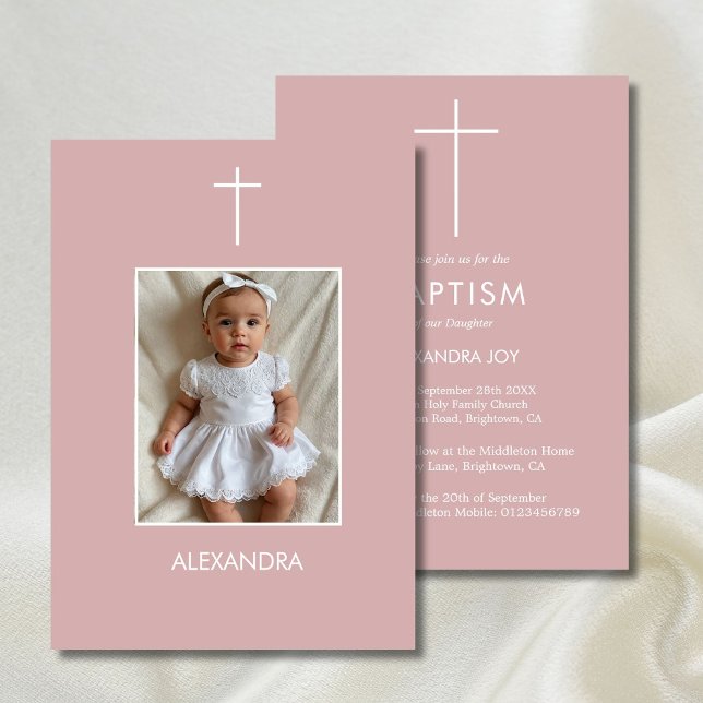 Taufe Foto Rosa Weiße Mädchen Religiös Einladung (Von Creator hochgeladen)