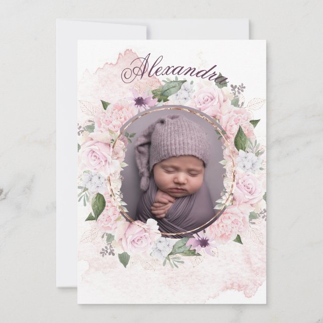 Taufe Foto Rosse Blumenmädchen Einladung (Rückseite)