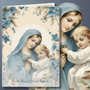 Taufe für Baby Gesegnete Maria Blaue Blumen Karte
