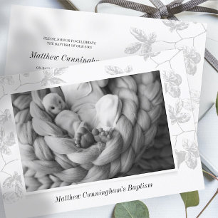Taufe für ihn Einfaches Foto Grau Foliage Save The Date