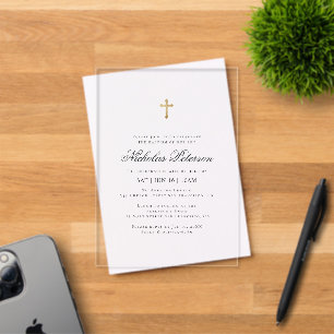 Taufe für ihn Minimalistisches goldenes Kreuz Acryleinladungen