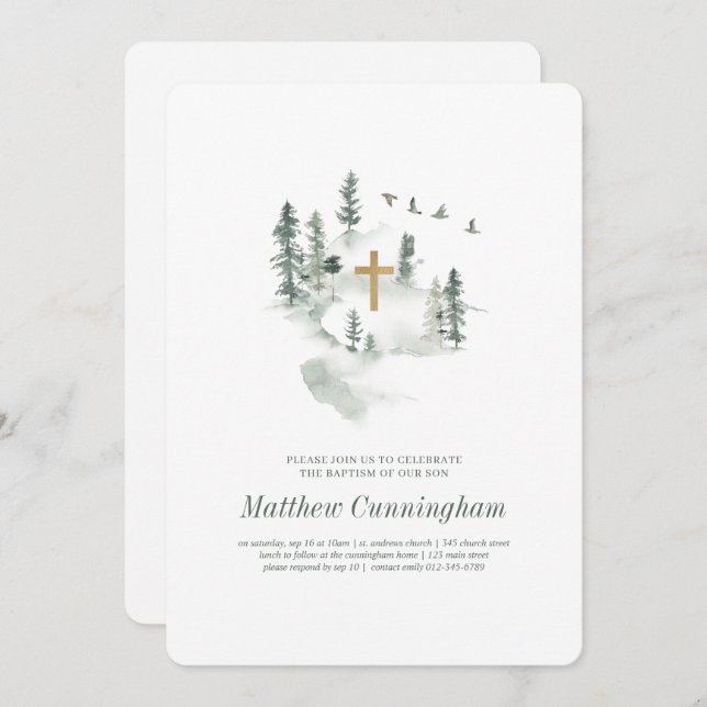 Taufe für ihn | Modernes elegantes botanisches Fot Einladung (Vorne/Hinten)