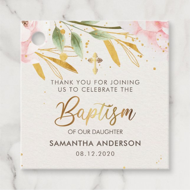 Taufe für Mädchen mit goldener und rosa Wasserfarb Geschenkanhänger (Vorderseite)