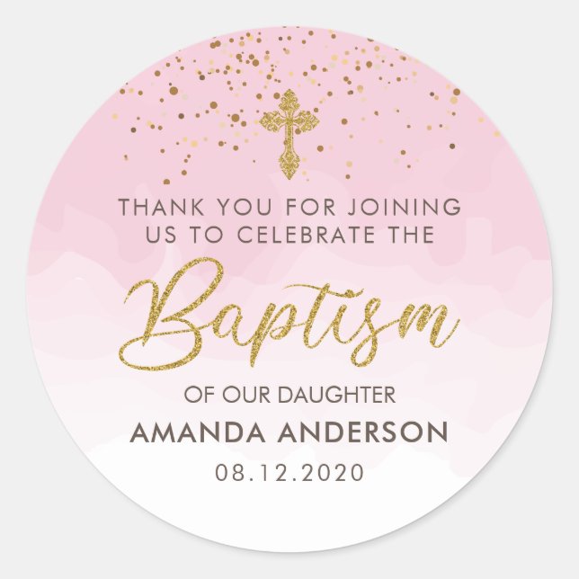 Taufe für Mädchen mit goldener und rosa Wasserfarb Runder Aufkleber (Vorderseite)