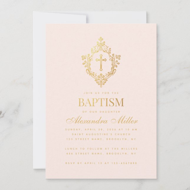 Taufe für Mädchen Rosa Imitate Goldkreuz im Wappen Einladung (Vorderseite)
