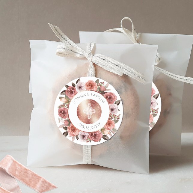 Taufe für Mädchen, Rose Gold Blumenblume Umschlag  Runder Aufkleber (Von Creator hochgeladen)