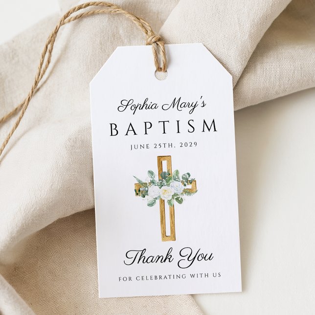 Taufe für religiöse Kreuzbläserchen Vielen Dank Geschenkanhänger (Religious Cross Floral Peonies Baptism Thank You Gift Tags)