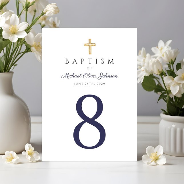 Taufe für religiöse Kreuzschiffe Tischnummer (Religious Cross Navy Blue Boy Baptism Table Number)