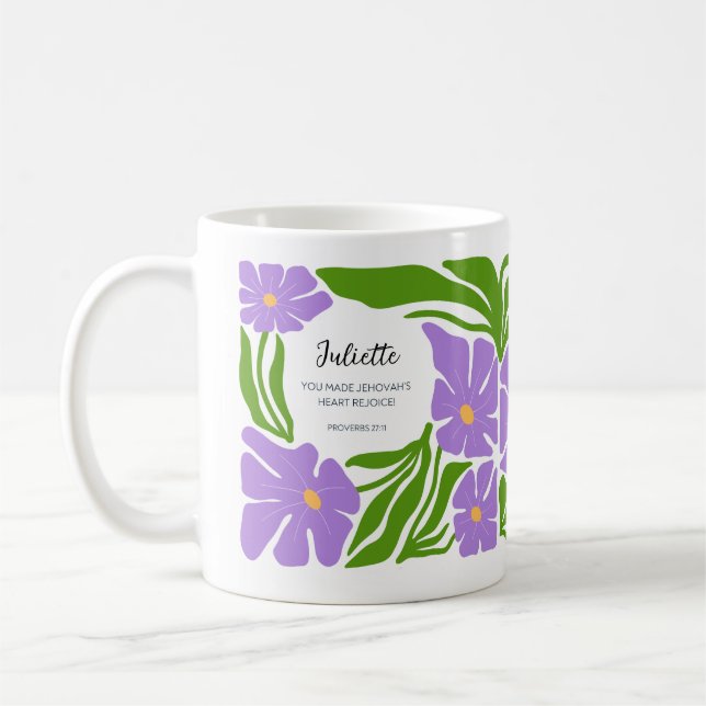 Taufe Geschenk JW Lila grüne Blumenkunst Tasse (Links)