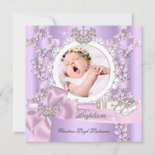 Taufe Girl Lilac Pink Weißes Foto Christening Einladung
