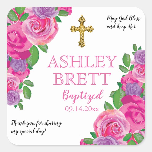 Taufe | Girl Pink Aquarell Rose Floral | Kreuz Quadratischer Aufkleber (Vorderseite)