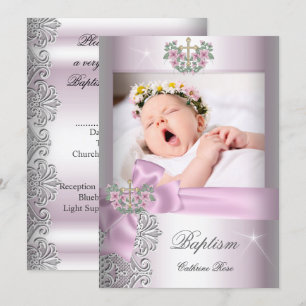 Taufe Girl Pink White Lace Foto Christening Einladung