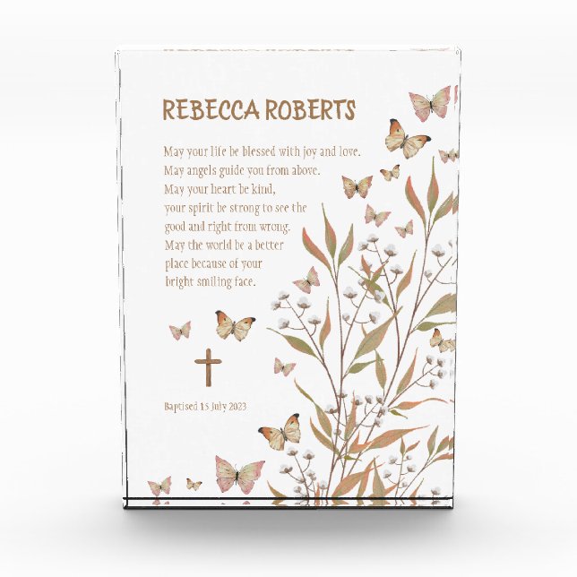 Taufe Girl Watercolor Schmetterlinge und Blume Fotoblock (Vorderseite)