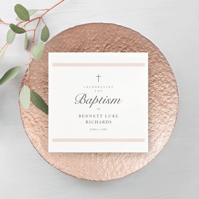 Taufe Girls Moderne Elegance Serviette (Modern girls baptism napkin with simple pink bars, script typography and simple cross. )