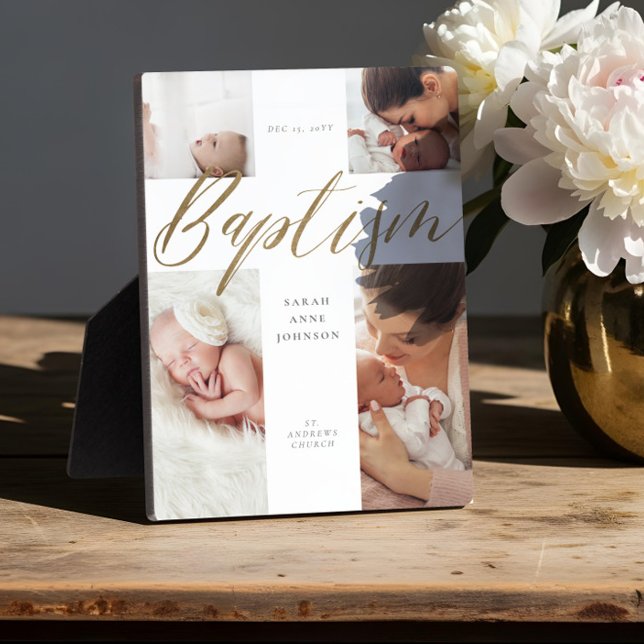 Taufe Gold-Kalligrafie-FotoCollage Keepake Fotoplatte (Gold Calligraphy Photo Collage Baby Baptism Cross Plaque)