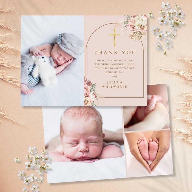 Taufe Gold Pampas Grass Foto Collage Dankeskarte (Baptism Gold Pampas Grass Photo Collage Thank You Card)