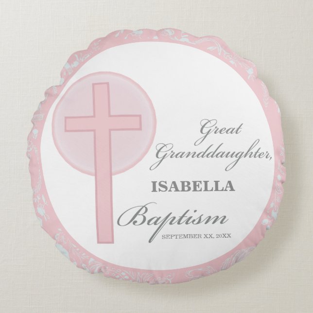 Taufe Große Enkeltochter Pink Lace Personalisiert Rundes Kissen (Vorderseite)