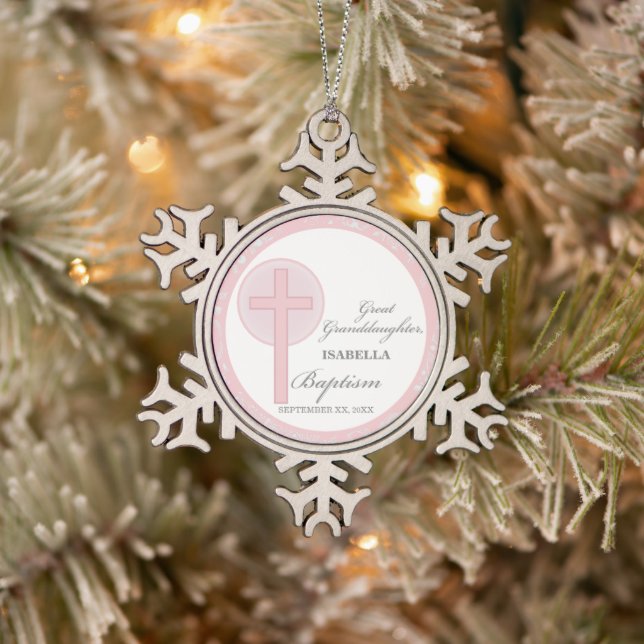 Taufe Große Enkeltochter Pink Lace Personalisiert Schneeflocken Zinn-Ornament (Baum)