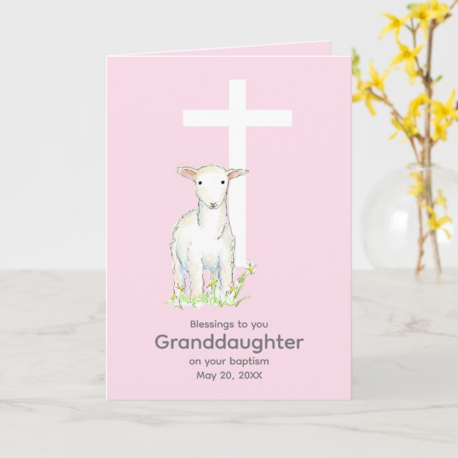 Taufe Großtochter Lamb kreuzen religiös rosa Karte (Gelbe Blume)
