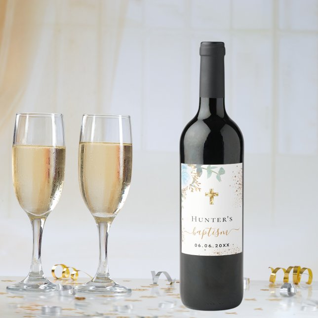 Taufe hellblauer Blütenjunge Name Goldkreuz Weinetikett (Von Creator hochgeladen)