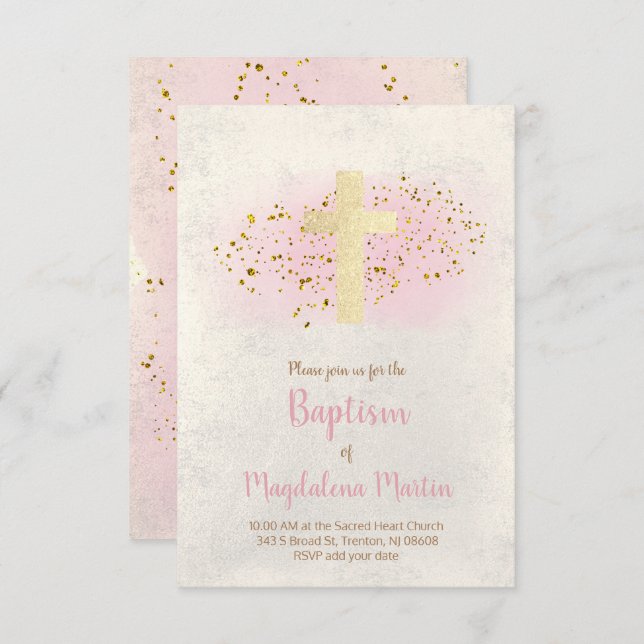 Taufe | IMITATE Glitzer und rosa Aquarell Einladung (Vorne/Hinten)