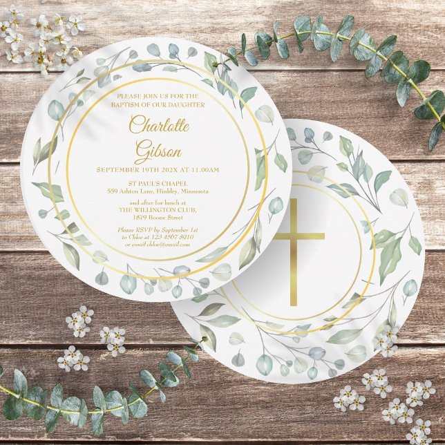 Taufe Laurel Garland Gold Cross Circular Einladung (Baptism Laurel Garland Gold Cross Circular Invitation)