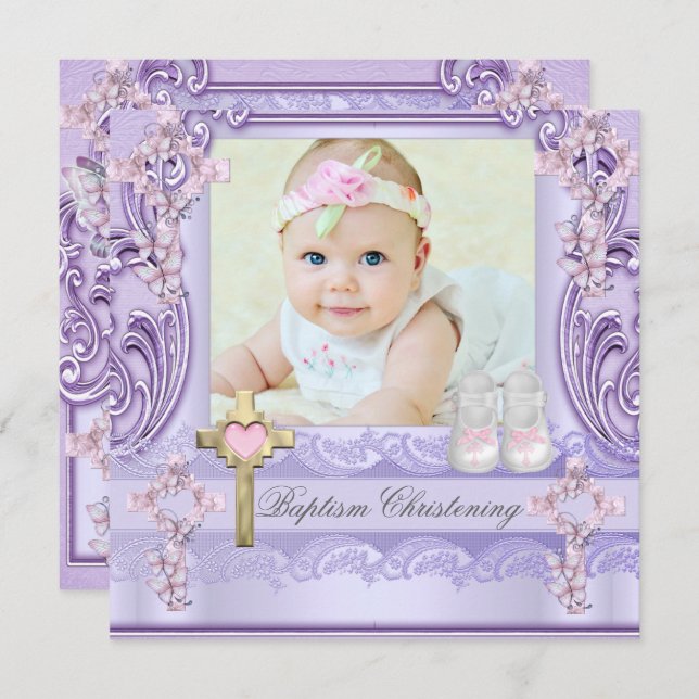 Taufe Lavender Pink Cross Girl Foto Christening Einladung (Vorne/Hinten)
