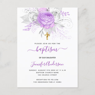 Taufe lila Blumen Mädchen elegant weiß Einladungspostkarte