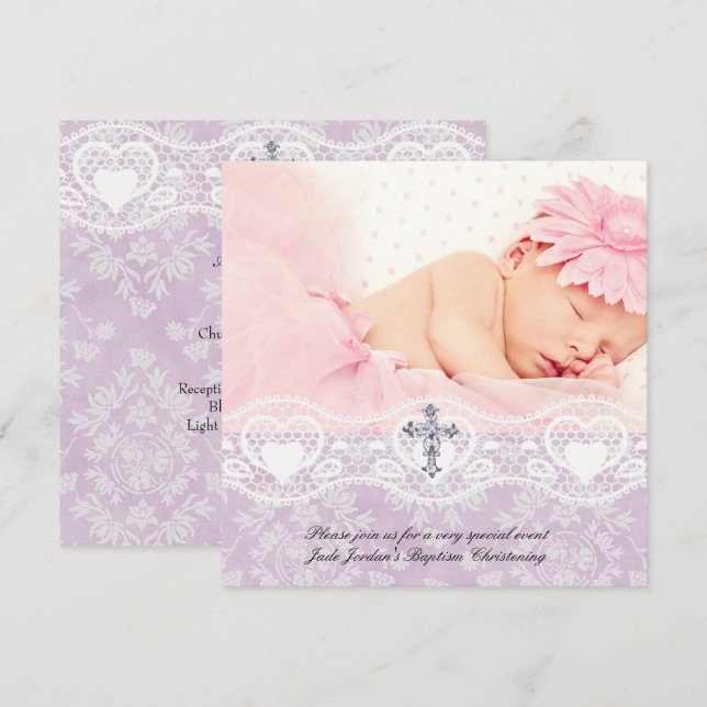 Taufe Lilac White Lace Foto Jewel Cross Girl Einladung (Vorne/Hinten)