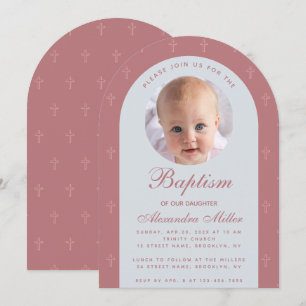 Taufe Mädchen Foto Moderne Arch Dusty Rose Schrift Einladung