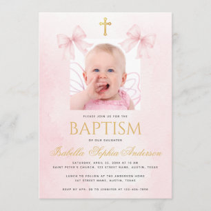 Taufe Mädchen Foto Rosa Schleifen Gold Kreuz Wasse Einladung