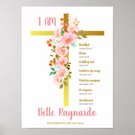Taufe Mädchen Rosa und Rote Blume auf Crucifix Poster
