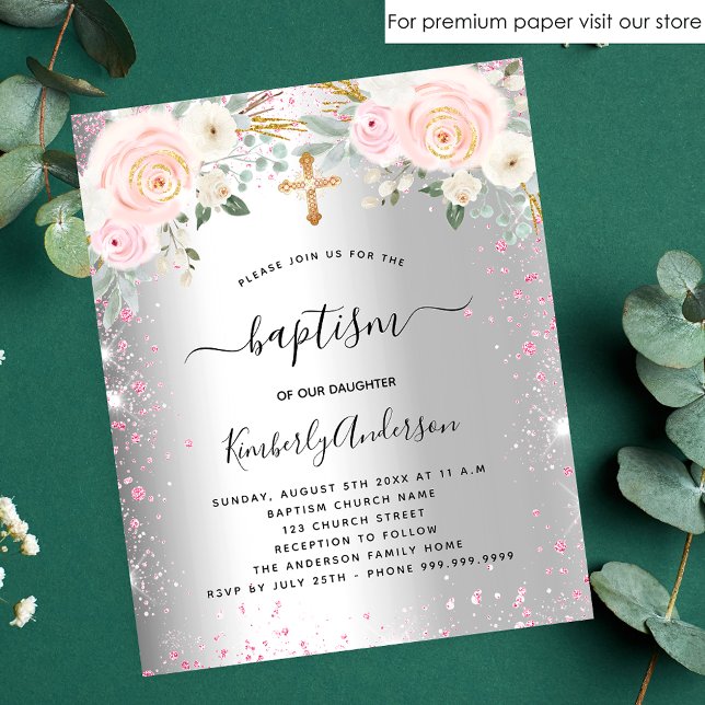 Taufe Mädchen silberrosa Blumenladen Glitzer Flyer (Von Creator hochgeladen)