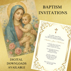 Taufe Maria mit Jesus rosa Rosen Vintage Einladung