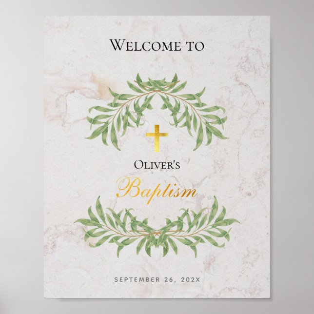 Taufe Marmor Foliage Imitate Gold Foil Begrüßungsz Poster (Vorne)