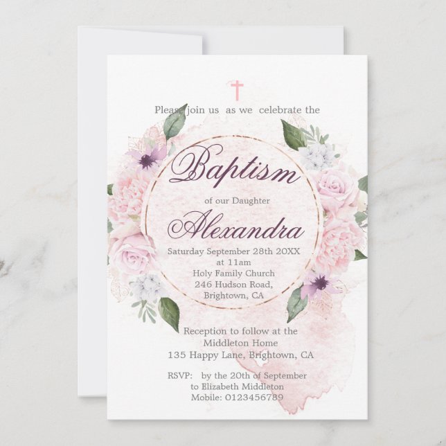 Taufe oder die Feier von blumigen Rose Einladung (Vorderseite)
