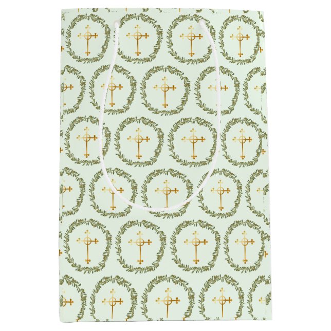 Taufe Olivenhaine & Goldenes Kreuz Mittlere Geschenktüte (Vorderseite)