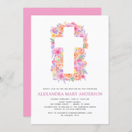 Taufe Pastel Floral Rosa Rose Kreuz Einladung