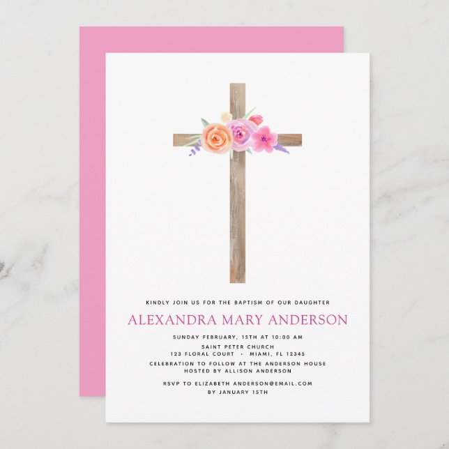 Taufe Pastel Pink Blütenrosa Rosenkreuz Einladung (Vorne/Hinten)