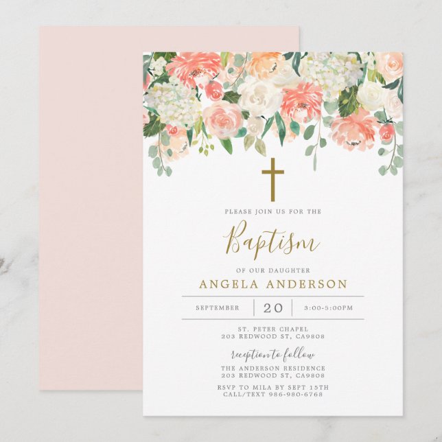 Taufe Pfirsich und Creme/Einladung zur Feier Einladung (Vorne/Hinten)