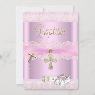 Taufe Pink Cross Girl Lace Christening 2a Einladung