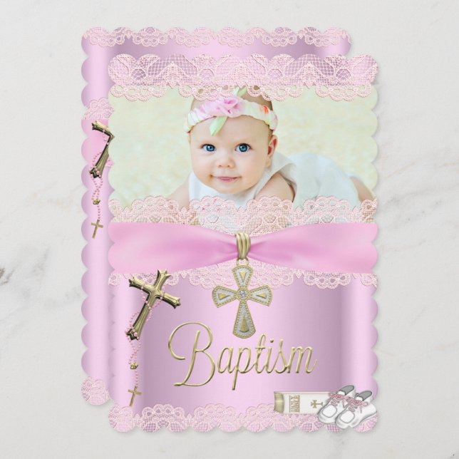 Taufe Pink Cross Girl Lace Christening Einladung (Vorne/Hinten)