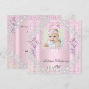 Taufe Pink Kreuz Mädchen Foto Taufkleid Spitze 2 Einladung