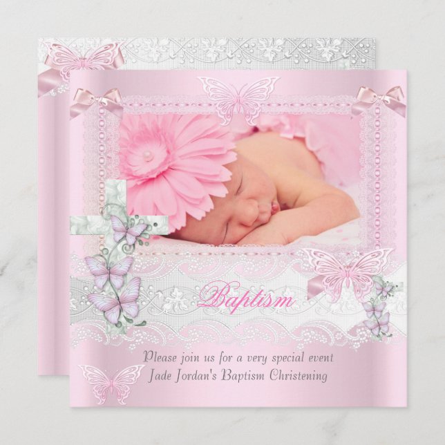 Taufe Pink Lace Foto Butterfly Cross Girl 2 Einladung (Vorne/Hinten)