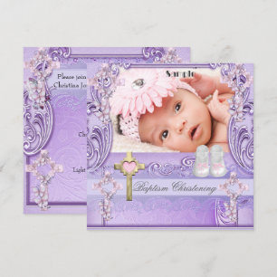Taufe Pink Lilac Cross Girl Foto Christening Einladung