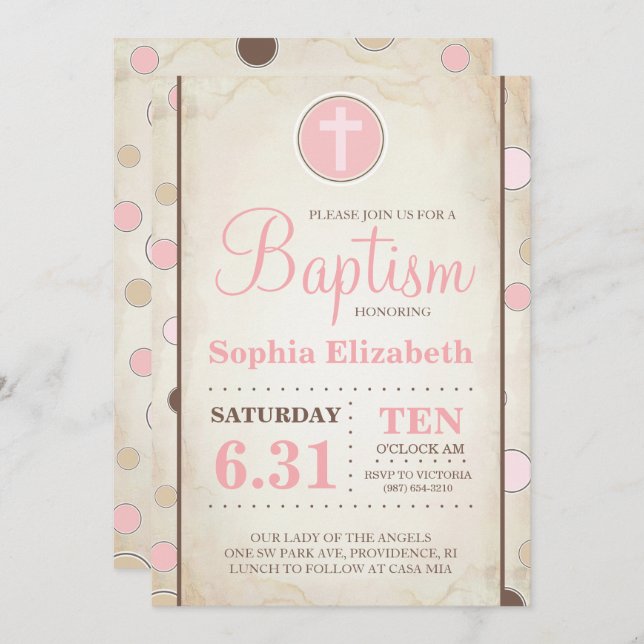 Taufe Pink Polka Dot Invite - Baby Girl Einladung (Vorne/Hinten)