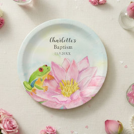 Taufe Pink Seerose & Laubfrosch Pappteller