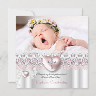 Taufe Pink Silber Foto Herz Kreuz Mädchen Perle Einladung